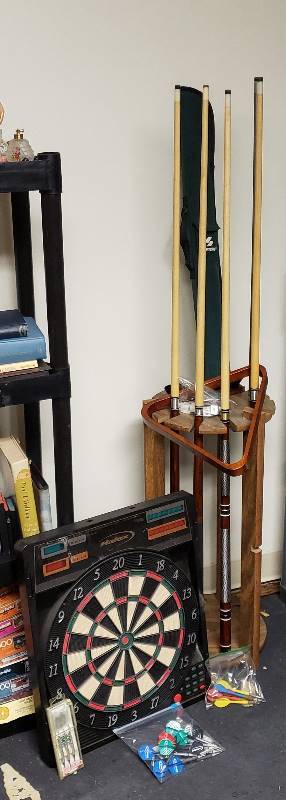 lot 1743 image: Lot of Pool Tools with Cue Stand and Electric Dart Board with Darts