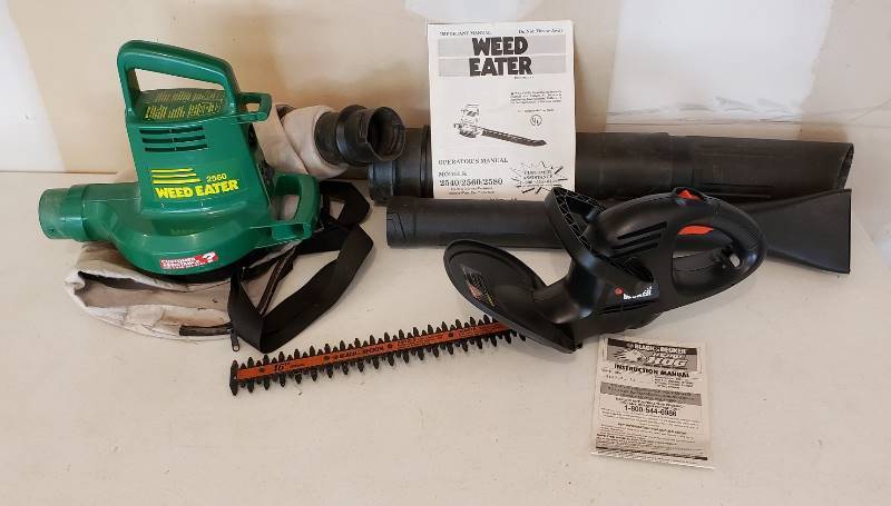 lot 3039 image: Weed Eater 2560 Electric BlowerVacuum and Black & Decker Electric Hedge Hog Trimmer - both work