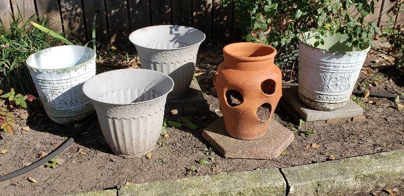 lot 3049 image: Lot of 4 Plastic 1 ft. diameter pots and one Strawberry Terra Cotta Planter (15  tall)