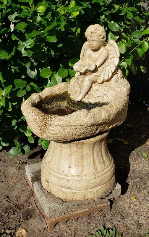 lot 3050 image: 3 Piece Concrete Oval Angel Bird Bath - 13  x 18  x 24