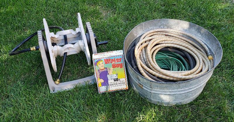 lot 3055 image: Suncast Hose Reel, Galvanized Wash Basin with Hoses, and Water Boy - hose in a box