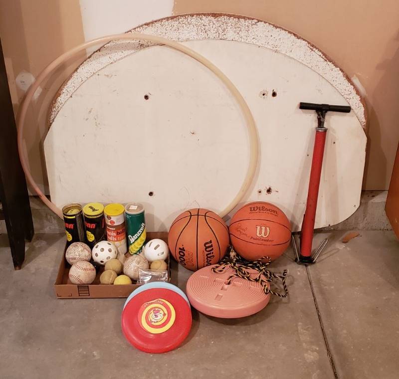 lot 3060 image: Lot of Outdoor Sporting Equipment - Basketball Back Boards and Assortment of Balls