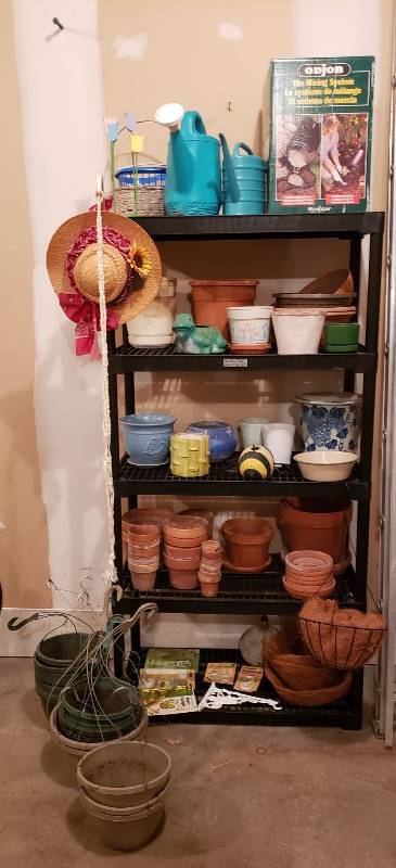 lot 3065 image: Lot of Planting Pots (tera cotta, plastic, & ceramic), Hangers, Watering Cans, and an Odjob Mixing System - shelf not included