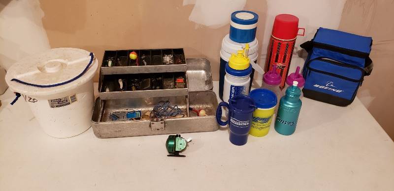 lot 3077 image: Lot of Fishing Tackle Box with Johnson Century Reel, Thermo Items, Beverage Containers, and Boeing Cooler