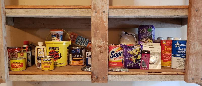 lot 3082 image: Lot of Home Repair Products - Thinner, Steel Wool, Stains, Hanging Hardware, and Household Oils