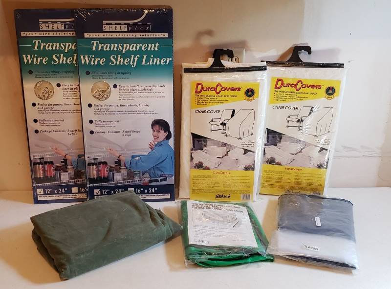 lot 3083 image: Lot of Patio furniture covers, Tarp (70  x 84 ), Wire Shelf Liners, and other Protectors