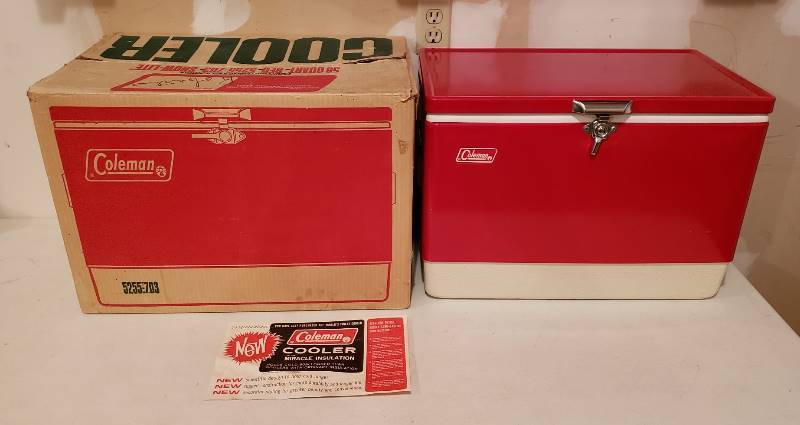 lot 3084 image: Vintage Coleman Red 56Qt. Cooler with Original Box (22  x 14  x 16 )