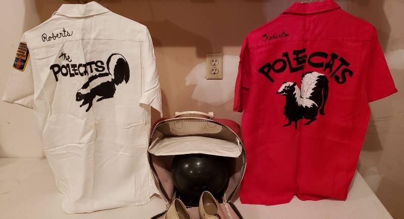 lot 3087 image: Vintage Bowling Lot - Bowling Ball, Shoes, Bags, and (2) 1960s Bowling Shirts