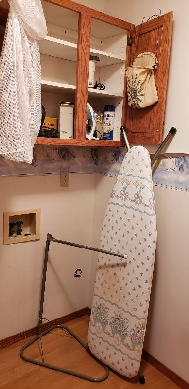 lot 3092 image: Lot of Clothes Ironing Items - Board, Irons, Steamers, Clothes Pins, and other Items - All electric items works