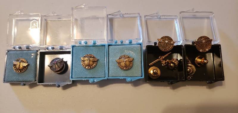 lot 3132 image: Boeing Service Year Pins  Tie Tacks - 5, 10, 15 year marked 10K - 20, 25, 30 year marked 110 10K GF