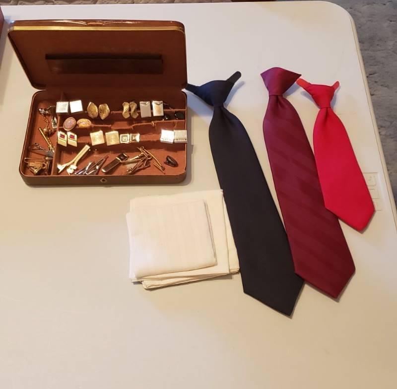 lot 3135 image: Lot of Mens Tie Accessories, Metal Box, Clip-on Ties, and Handkerchiefs
