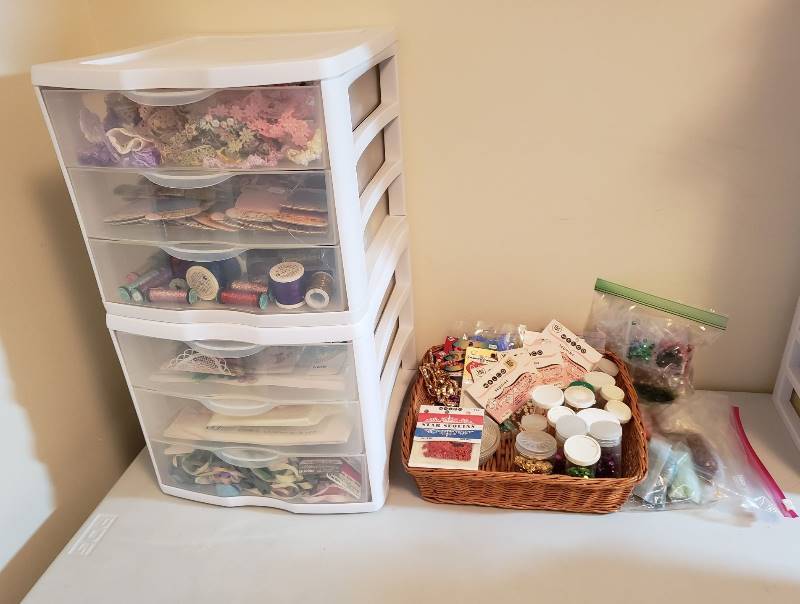 lot 3149 image: Lot of Pure Silk Ribbon, Appliques, Kreinik Metallics, Sequins and Trim Lace - Drawer Plastic Storage Included