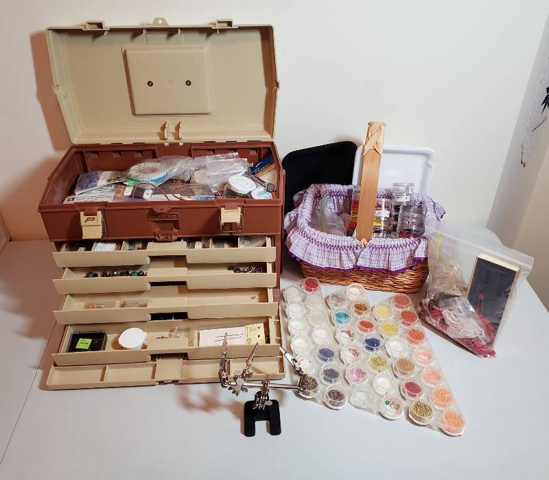 lot 3152 image: Large Lot of Seed Beads and Craft Supplies - Plano Storage Included