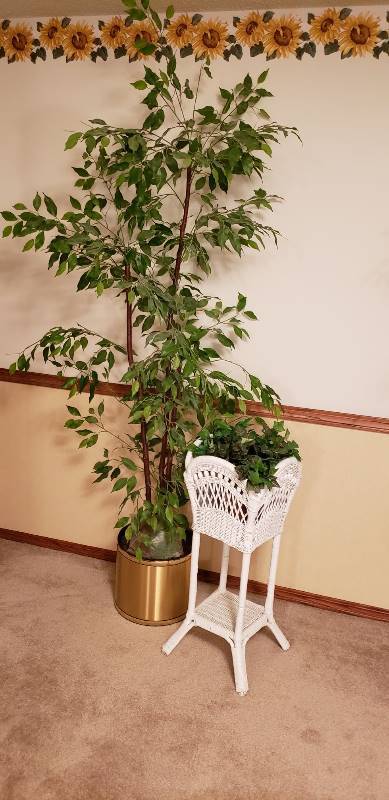 lot 3201 image: Tall Faux Tree (86  tall) in Brass Pot and Faux Ivy in White Wicker Plant Stand (32  tall)