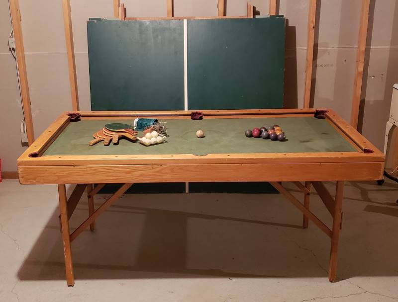 lot 3210 image: Vintage Fold Up Pool Table (70  x 37  x 32 ) & Ping Pong Table (2 pieces - 60  wide x 54  end to center)with Game Accessories