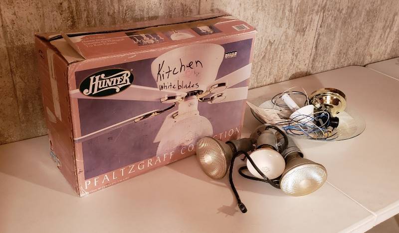lot 3258 image: Hunter Pfaltzgraff Collection Ceiling Fan(NIB), Outdoor Lights, and Ceiling Light
