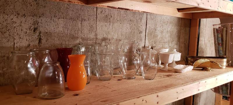 lot 3261 image: Large Lot of Glass Vases, Milk Glass, and Brass Items