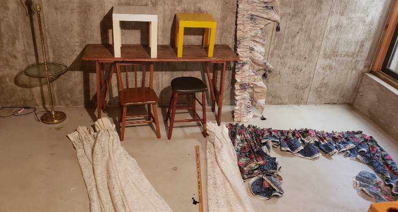 lot 3269 image: Lot of Decor - Curtains, Valances, 2 small tables, Brass Lamp, Primitive Table, Chair, and Stool