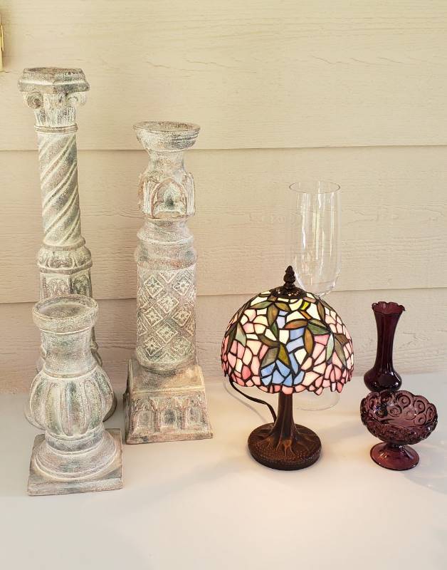 lot 3283 image: Lot of Tiffany Style Stain Glass Lamp, Glass, and 3 Pillar Candlesticks