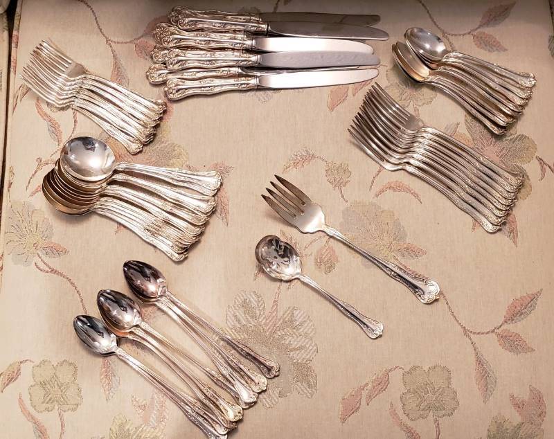 lot 3293 image: 54 Piece Set of National Double Tested Silverplate Silverware with Vintage Wood Drawer Organizer