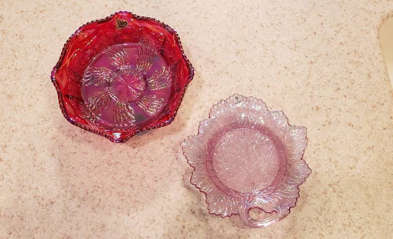 lot 3295 image: Lot of Fenton LilacAmethyst Purple Butterfly & Berry Carnival Glass Footed Bowl and Pink Carnival Iridescent Glass Maple Leaf Plate Dish