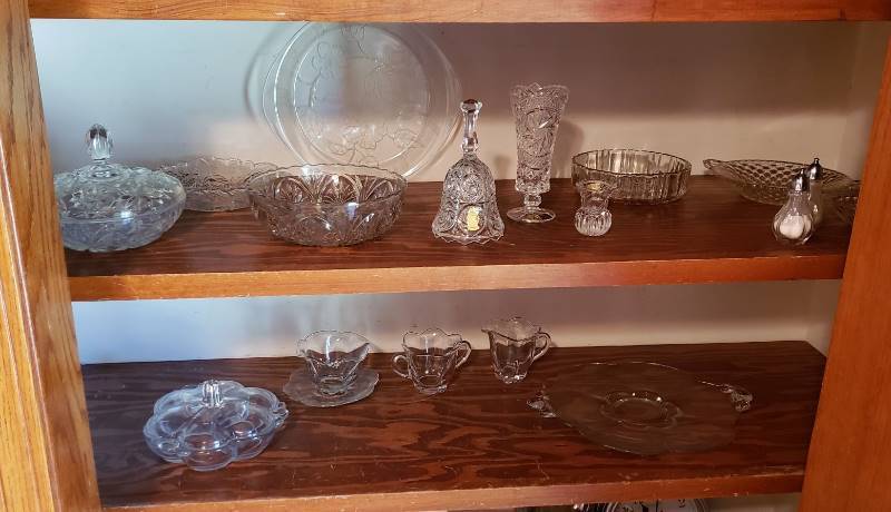 lot 3304 image: Lot of 3 Piece of Crystal and Numerous Clear Glass Pieces on 2 Shelf in Food Pantry