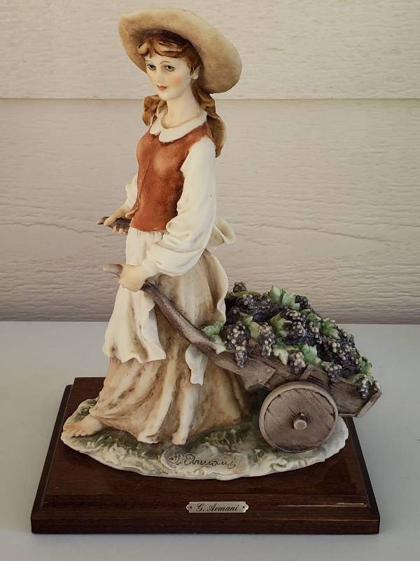 G. Armani Italian Figurine Lady with Grapes in Wheelbarrow 1981