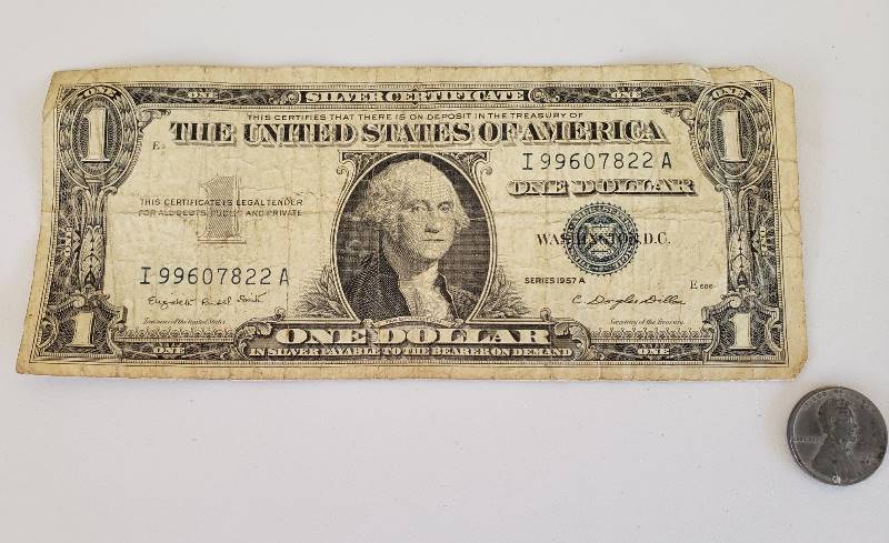 lot 3318 image: One Silver Certificate $1 Bill - Series 1957A and One 1943-D Steel Penny