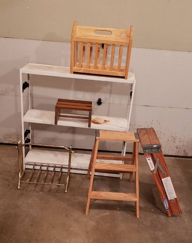 lot 3345 image: (2) Wood Step Stools, Metal Shelf, Magazine Rack and Toddler Step Stool