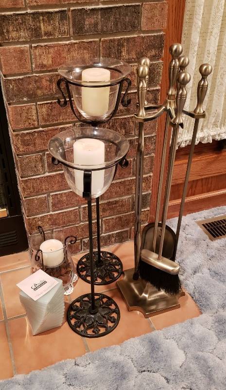 lot 3351 image: Lot of Brass Fireplace Tools and Cast Iron Candle Holders