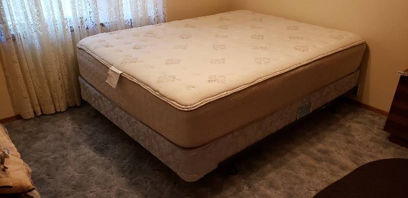 lot 3014 image: Queen Size Thick One-sided Mattress with Box Springs and Metal Hollywood Bed Frame - some small stains