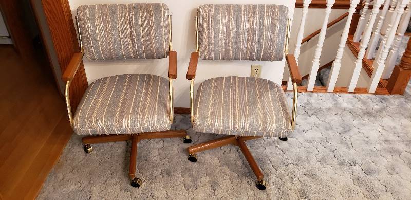 lot 3026 image: Pair of Matching Blue Striped Chairs on Casters