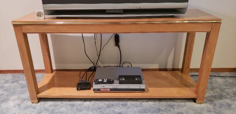 lot 3006 image: Light Wood Sofa Table  Media Stand - 56  x 17  x 28  - contents not included