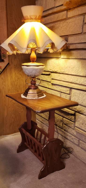 lot 2225 image: Wood Magazine Rack Table with Vintage Table Lamp - Table 24 in. x 16 in. x 24 in. Lamp 28 in. tall