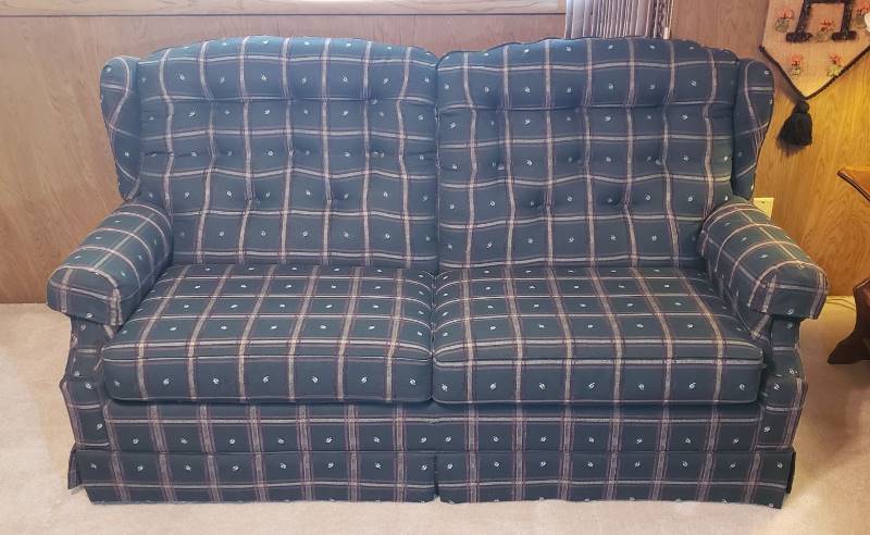 lot 2226 image: Lazy boy Green Plaid 2 Cushion Sleeper Couch (74 in. long) with Pull out Lazy Boy Full Size Supreme Comfort Mattress (seems fairly new)