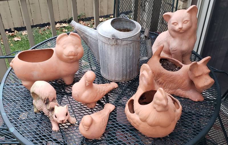 lot 2256 image: Lot of Terra Cotta Animal Planters  Figurines with Galvanized Watering Can - patio table not included