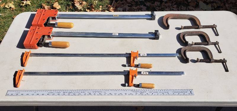 lot 2276 image: Pair of Jorgensen Cabinet Maker Bar Clamps, 2 Bar Clamps, and 3 C-Clamps