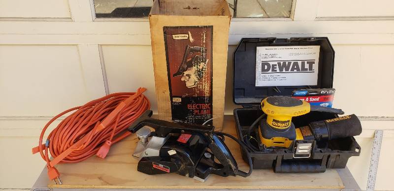 lot 2282 image: Dewalt Palm Sander, Sears Craftsman Elec. Plane, and Extension Cords - All Work