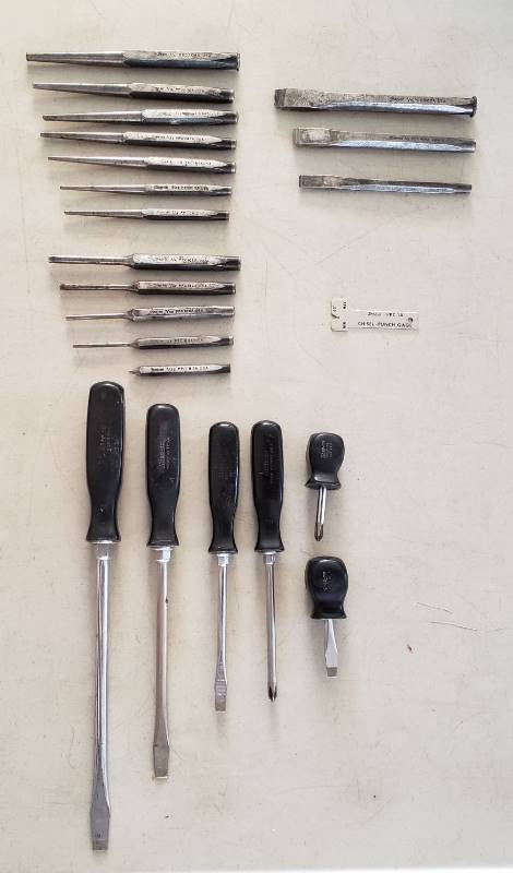 lot 2304 image: Lot of Snap-on Punches, Chisels, Chisel-punch gage, and Screwdrivers