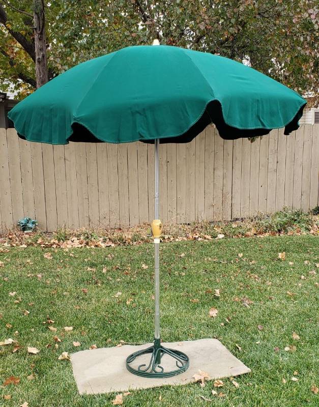 lot 2320 image: Crank Up Patio Umbrella (Wellington Home Products) with Metal Stand - 8 ft. tall & 80 in. diameter