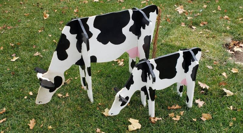 lot 2322 image: Fine Yard Art - Pair of Take-a-Part Cows - Larger one is 30 in. tall & smaller one needs a tail