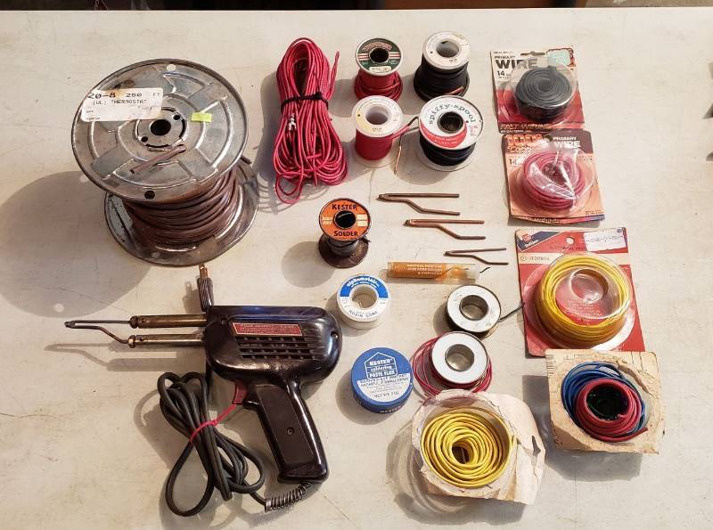 lot 2337 image: Lot of Soldering Gun (works), Solder, and Various Wire and Connectors