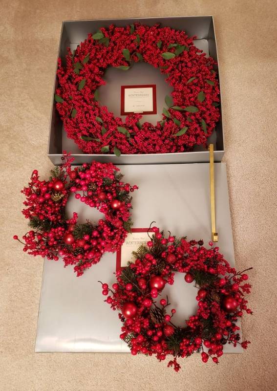 lot 2402 image: 30 in. Restoration Hardware Wreath and (2) 18 in. Wreaths