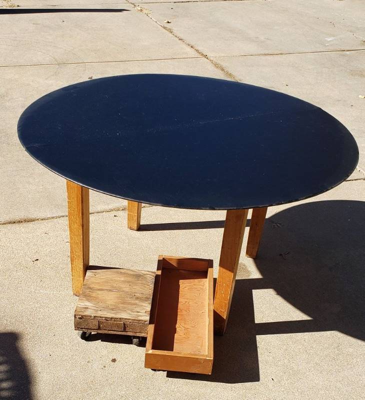 lot 2406 image: Small Wood Table (30in.x30in.x26in.) with RemoveableFoldable Round Table Top (48 in. diameter) and 2 Mobile Plant Holders