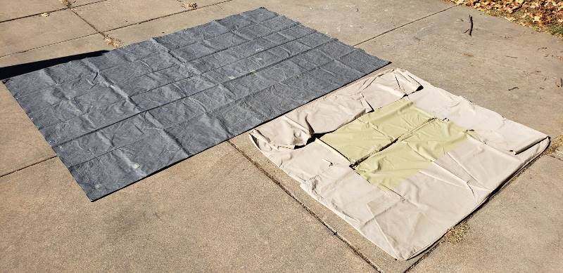 lot 2407 image: Tan Patio Swing Canopy Cover (84 in.x70in.) and Gray Tarp (12 ft.x 15 ft.) - both are good shape