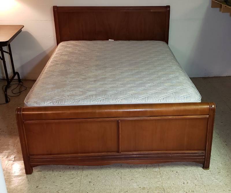 lot 2431 image: Mid Century Waterfall Full Bed Complete - Headboard, Footboard, RailsSlats, Mattress and Boxsprings - Item in Basement