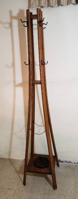 lot 2432 image: Wood 4 Post Hall Tree with Umbrella Holder - 15 in.x 15 in.x 69 in. tall
