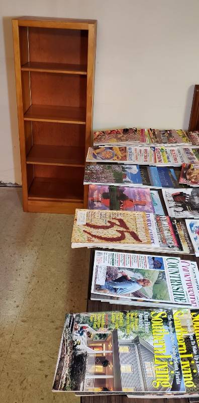 lot 2433 image: Wooden Adjustable Bookcase with Lot of Magazines - 20 in.x 15 in.x 54 in.