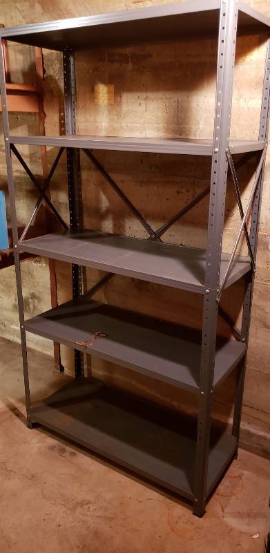 lot 2467 image: Gray Metal 5 Shelf Shelving - 36 in. x 16 in. x 66 in.