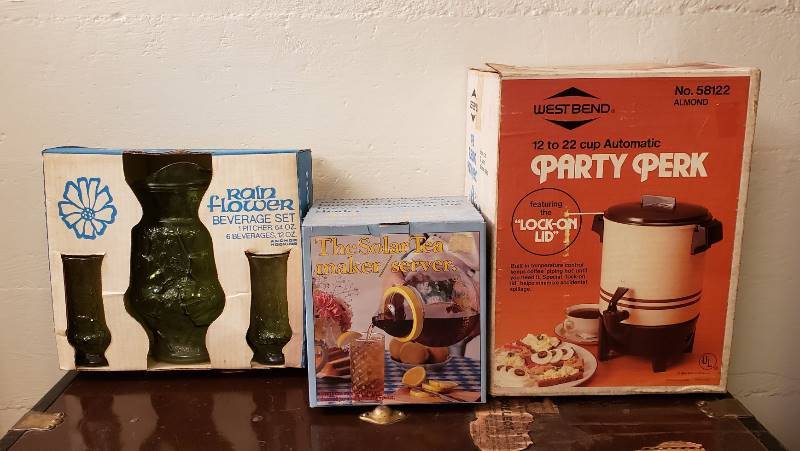 lot 2474 image: Lot of Beverage Dispensers (NIB) - Coffee Pot, Solar Tea Server, and Vintage Rain Flower Beverage Set
